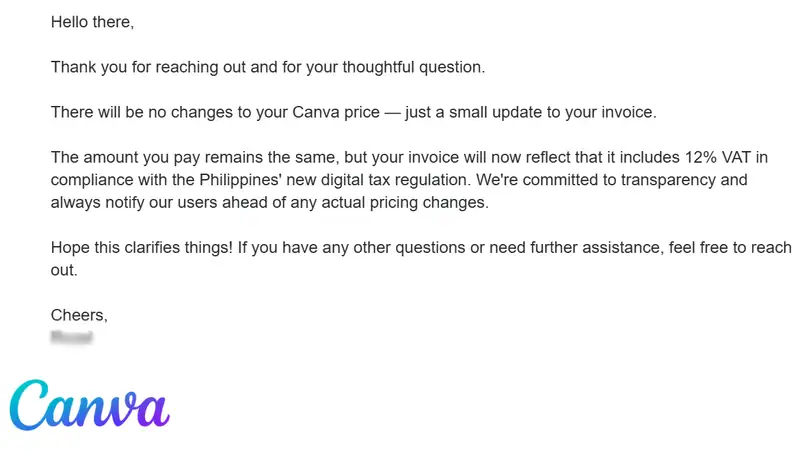 Canva’s update on subscription invoice